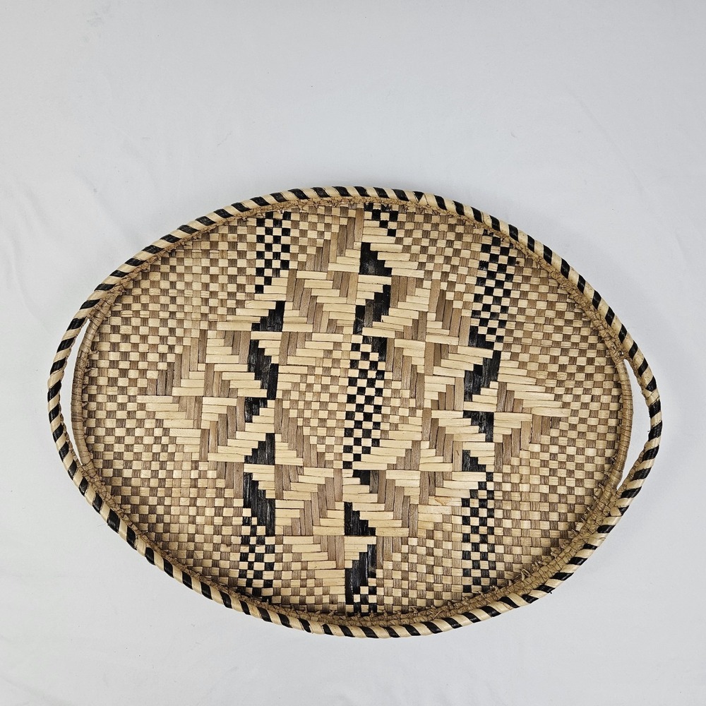 Vintage Baniwa Basket Serving Tray w/ Handles Geometric MCM Zimbabwe African